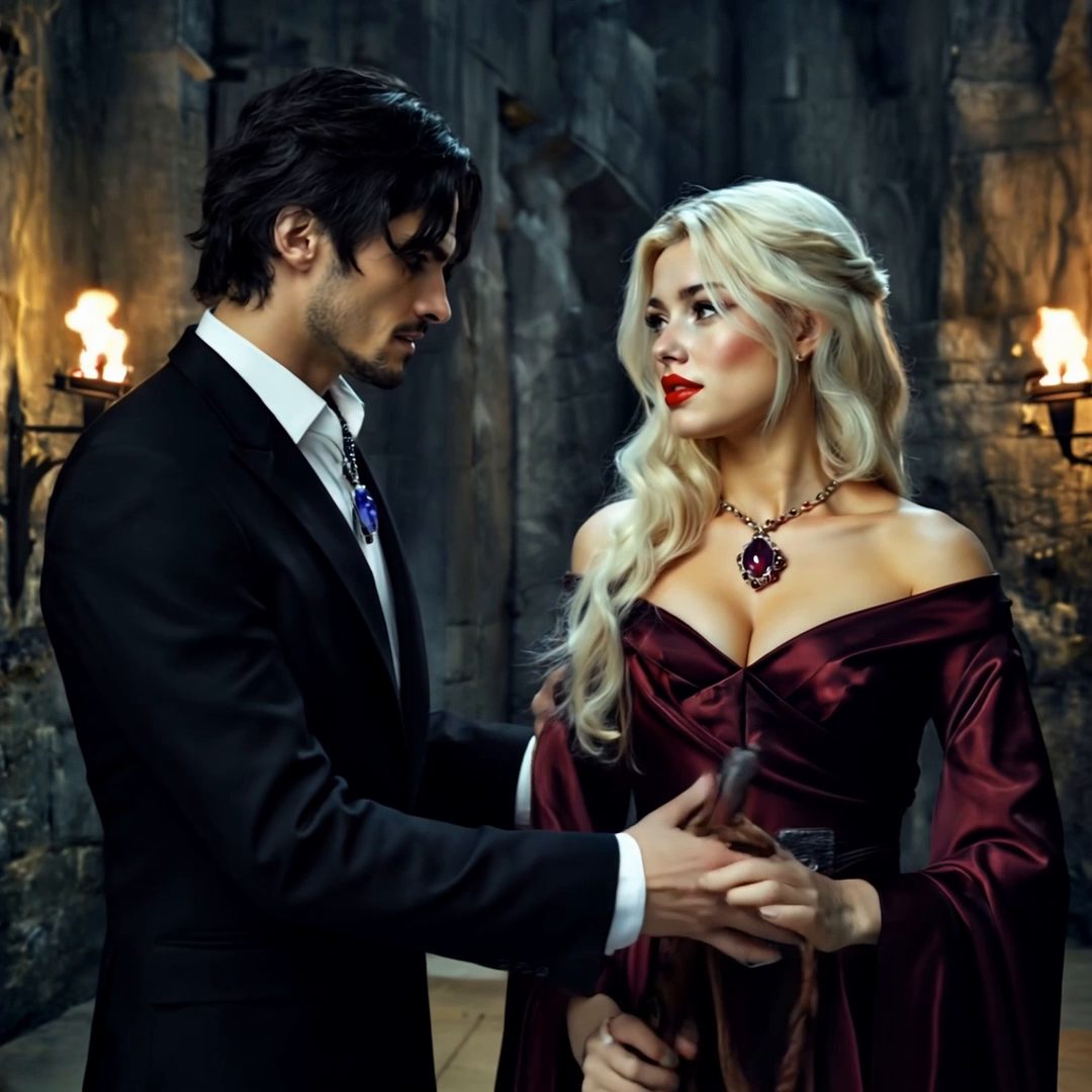 A dark-haired man and a blonde woman in a torch-lit dungeon