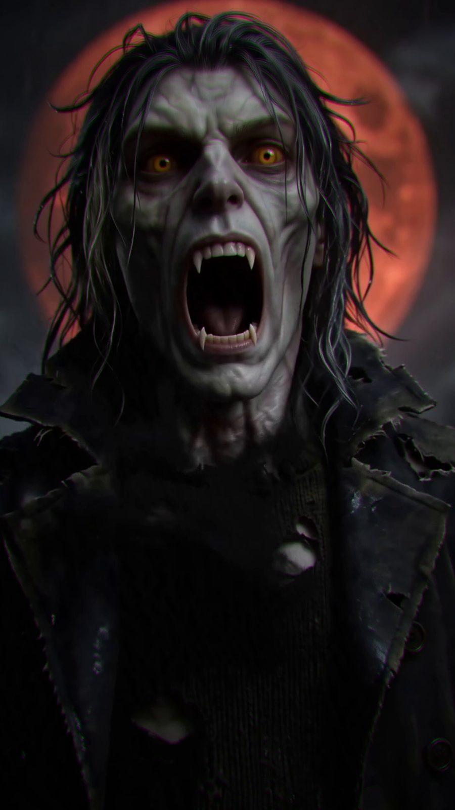 A pale vampire roars under a blood-red moon