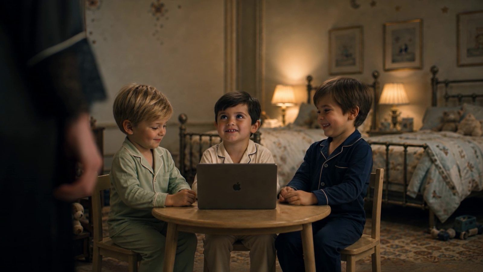 Three small boys in pyjamas huddle over a laptop