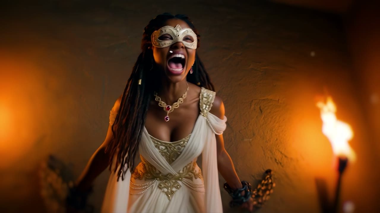 A masked bride shouts between torches in a stone hall